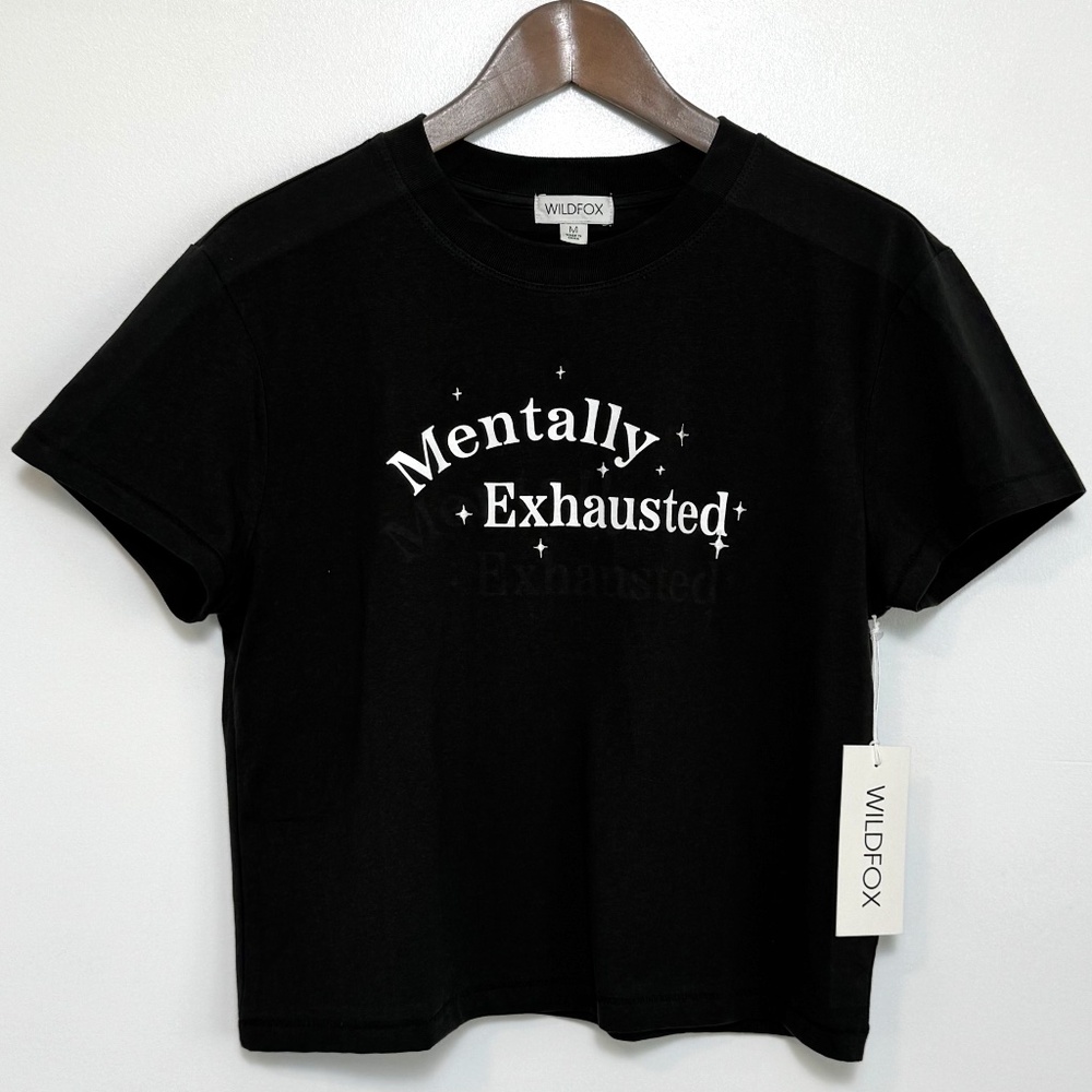 NWT WILDFOX "Mentally Exhausted" Jamie Tee, Women's Size M, Black & White Stars